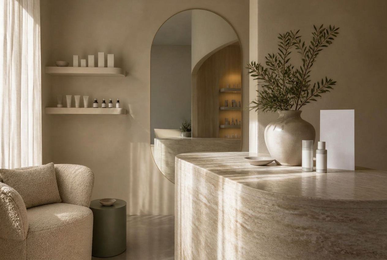 Interior of Blues Point Beauty Salon with arched mirror, travertine counter and soft morning light